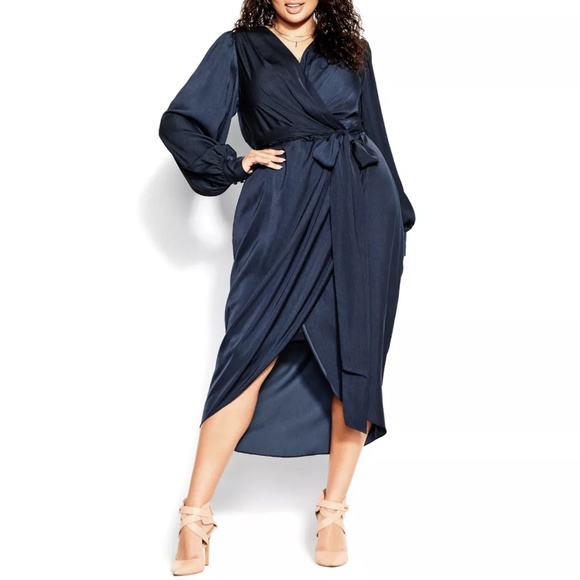 NEW City Chic Opulent Faux Wrap Long Sleeve Belted Midi Dress in Navy Sz. 24 - Picture 3 of 6
